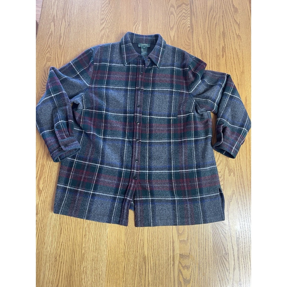 Lauren Ralph Lauren Women's Plaid 100% Lambs Wool Button Up 1X Shirt Shacket